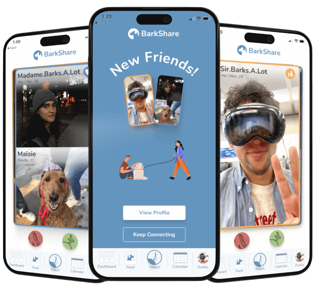 Screens showcasing BarkShare's match feature.